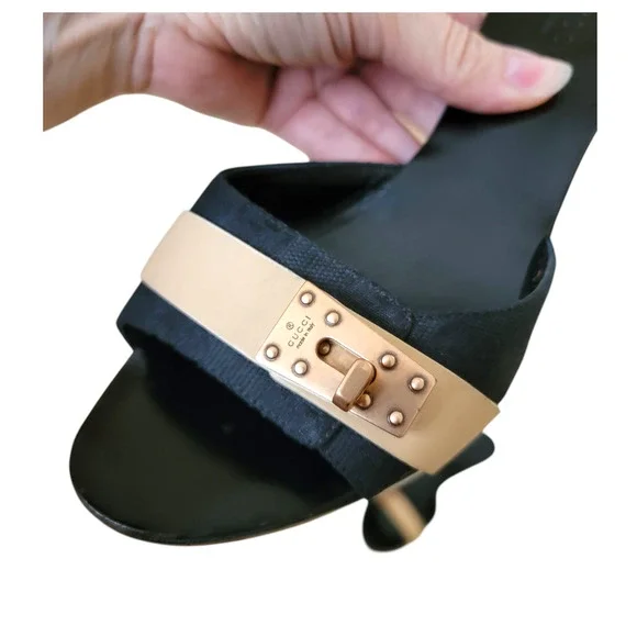 Gucci Black Beige Patent Leather GG Logo Turnlock Mule Slides 37 US 7 - Picture 6 of 17